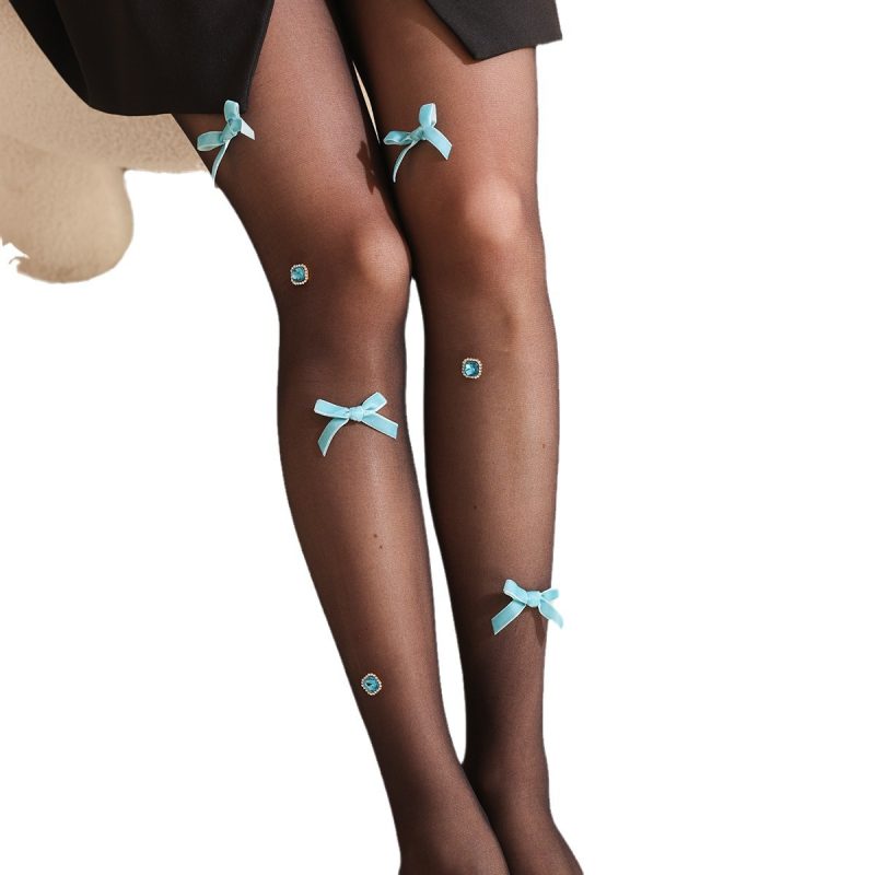 Pure desire milky white stockings for women, summer thin Japanese bow pure desire style pearl design Lolita pantyhose - Image 6