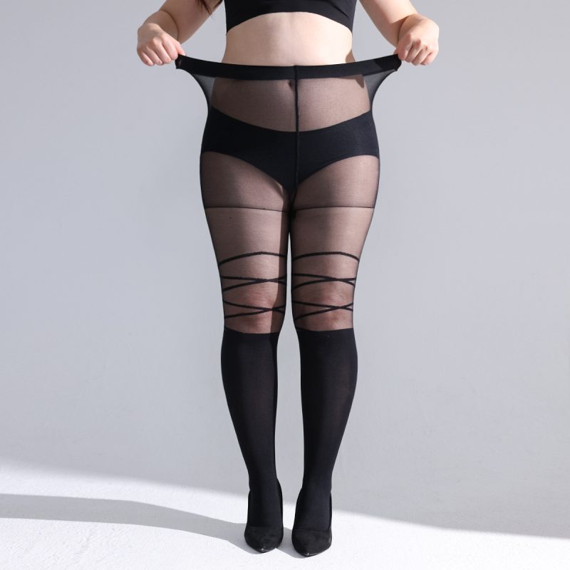 Stockings, fashionable women's sexy black cross-strap splicing striped fake high-top pantyhose bottoming socks - Image 8