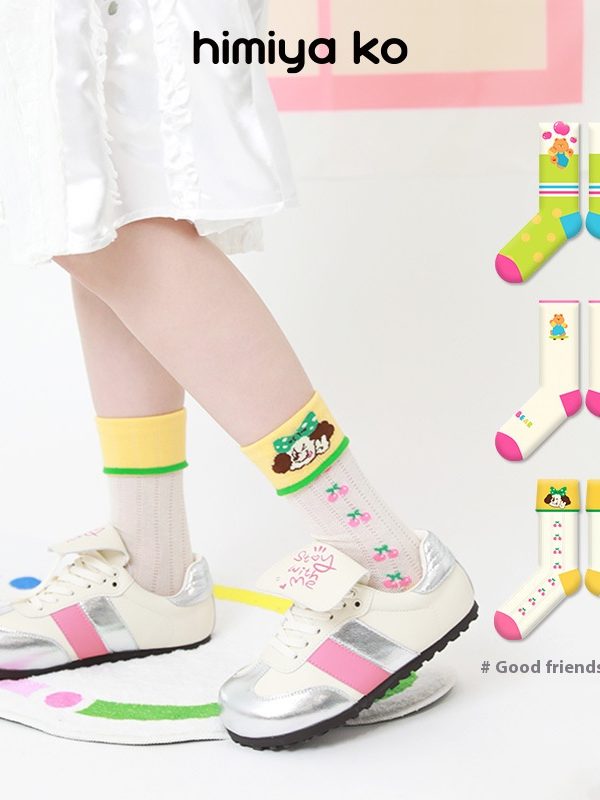 2025 summer thin dopamine tide socks cute cartoon bear female socks illustration glass silk tube socks breathable cotton