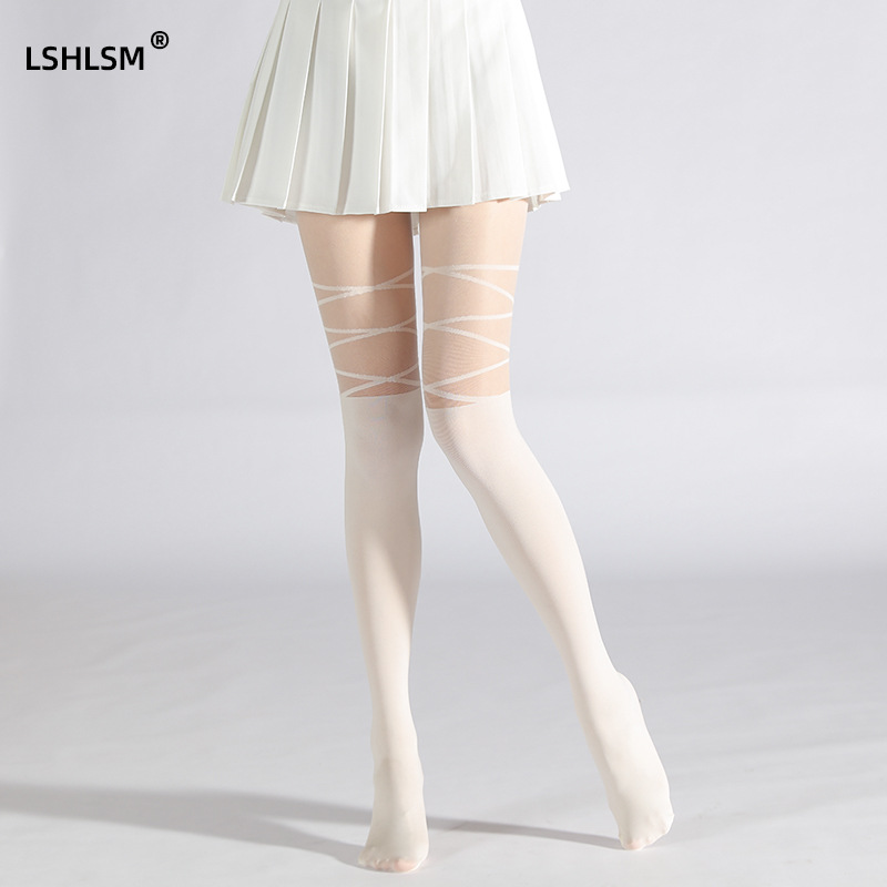 Fashion women's sexy black cross fake straps splicing striped fake high-top pantyhose - Image 2