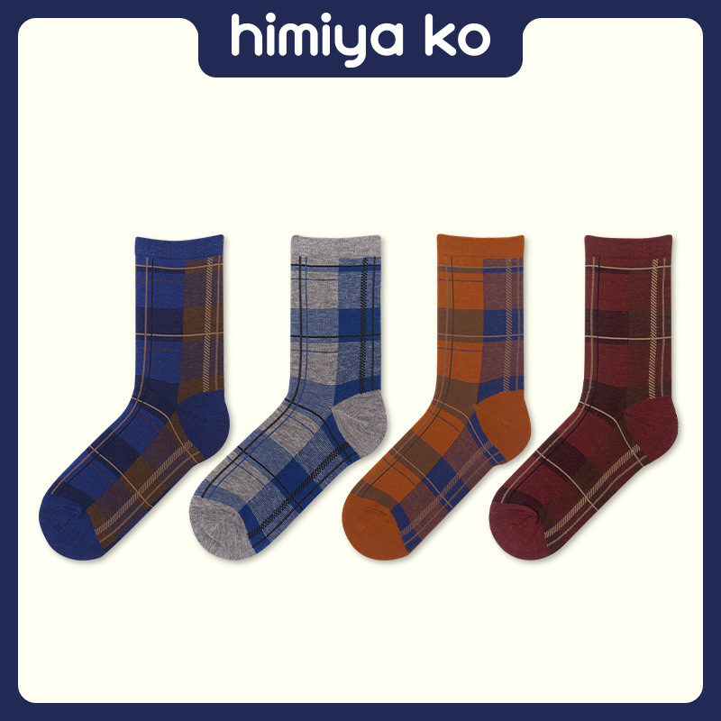 Spring and autumn Four Seasons British ins style classic rice plaid mid-calf socks multi-color versatile men's and women's pure cotton socks couple socks