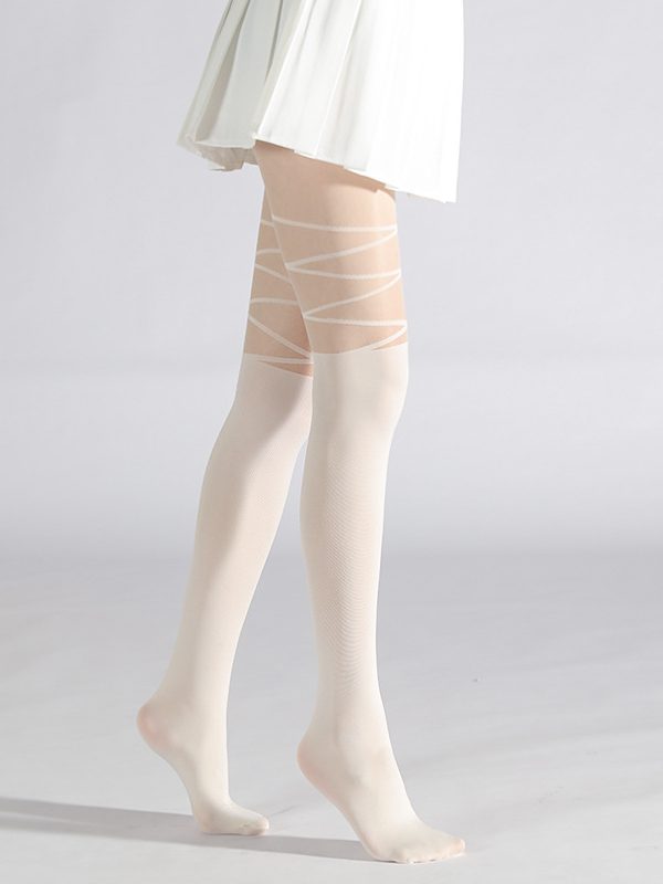 Fashion women's sexy black cross fake straps splicing striped fake high-top pantyhose