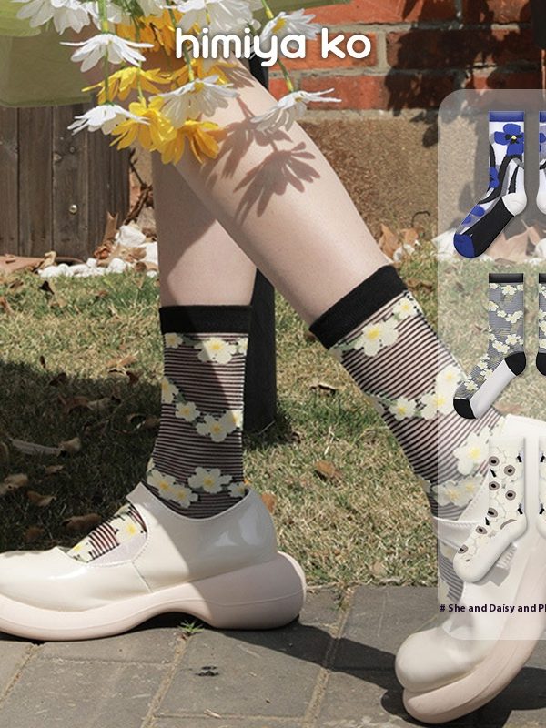 himiya ko2025 new glass stockings spring and summer socks women's tube socks flower breathable sweet crystal socks