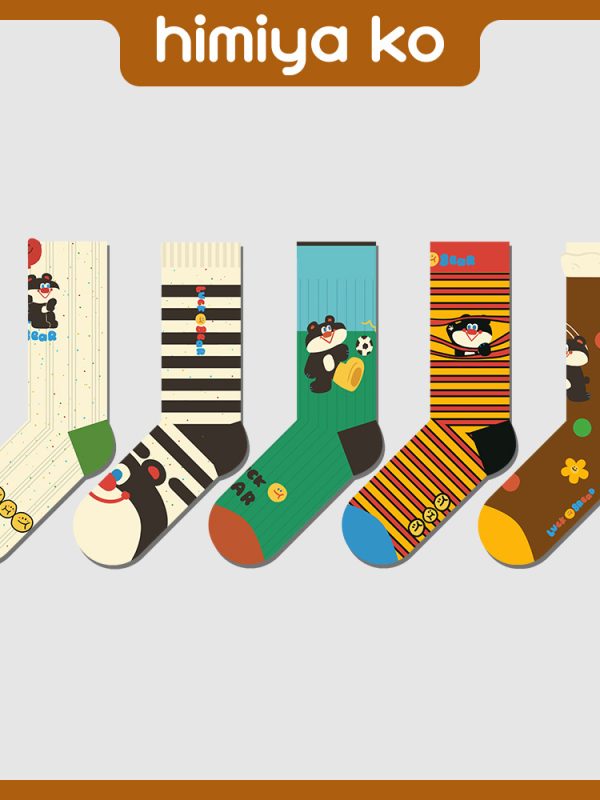 New Style Socks Women's Winter Shaped Rakou Striped Bear Cartoon Mid-Tube Socks Women's Fashion Illustration Cute Cotton Socks for Men