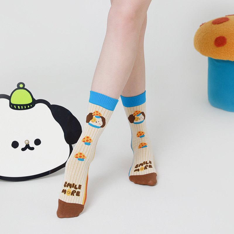 Cartoon Dog Socks: Blue Lattice Autumn Winter Fashion Cotton Tube Socks - Image 3