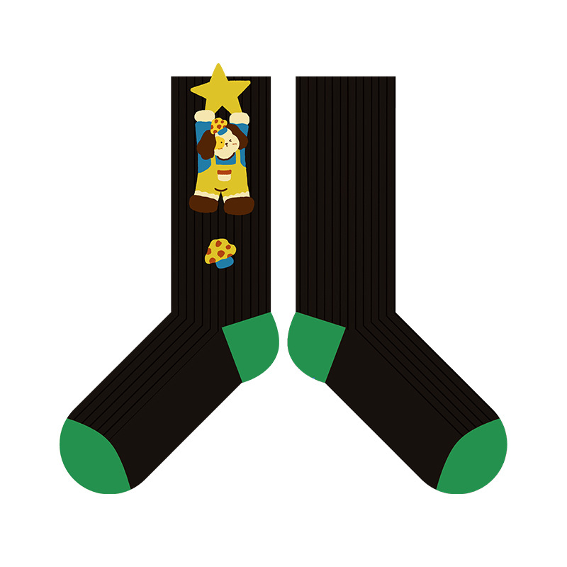 Cartoon Dog Socks: Blue Lattice Autumn Winter Fashion Cotton Tube Socks - Image 9