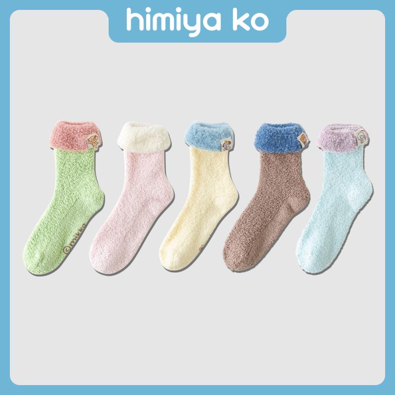 Himiya ko new weaving mark plush tube socks women's thick warm fashion color matching cartoon cute sleep socks