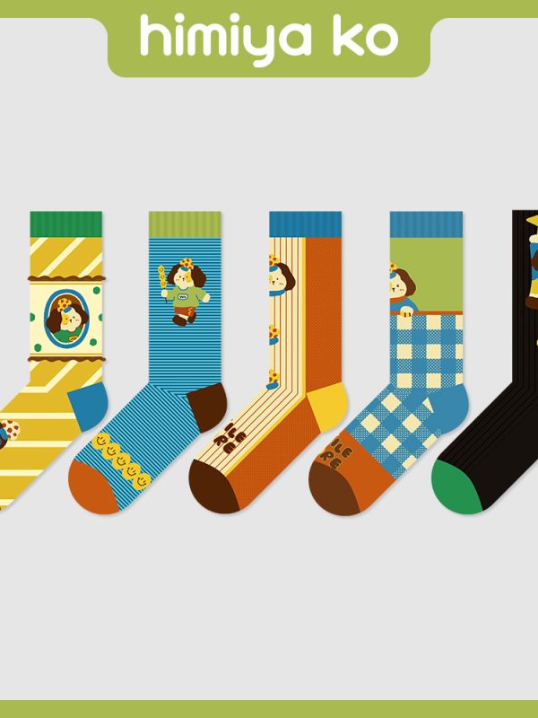 Autumn and Winter New Cartoon Illustration Dog Diary Tube Socks Women's Blue White Lattice Special-Shaped Rouge Fashionable Socks Cotton Socks