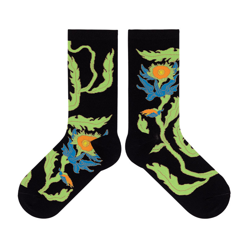 Himiya ko socks female dancing sunflower series designer ins style combed cotton mid-calf length socks thickened - Image 7