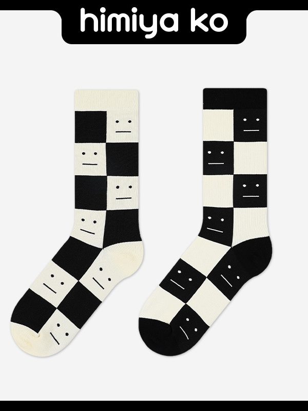 2025 Socks Women's Black and White Face Series Nordic Shoulder Trendy Socks Treasure Niche Mid-barrel Jacquard Cotton Socks Average Size
