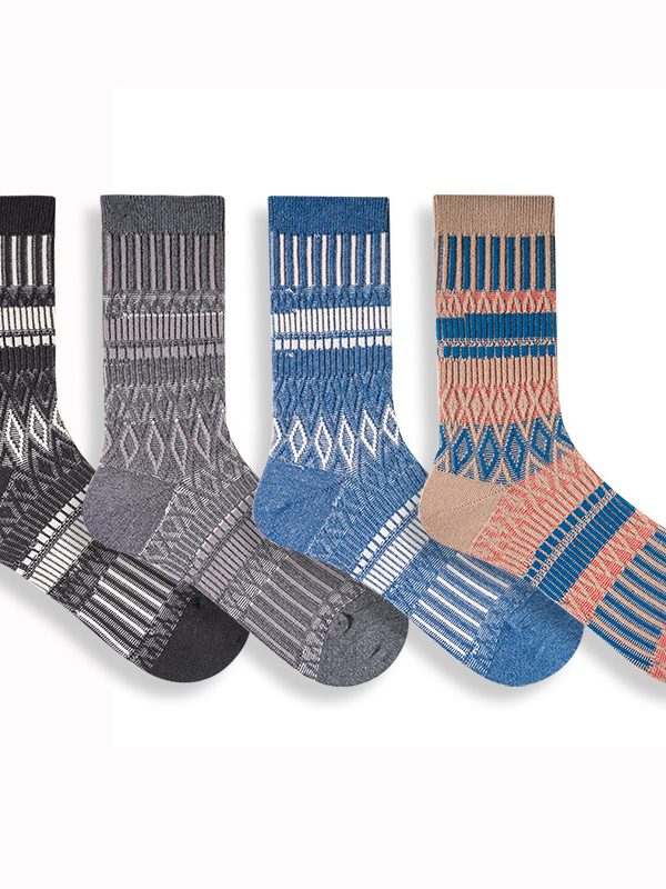 Autumn and Winter Socks Women's Double Needle Double Way Combed Cotton Boneless Women's Mid-length Socks Vintage Geometric Trendy Couple's Stockings