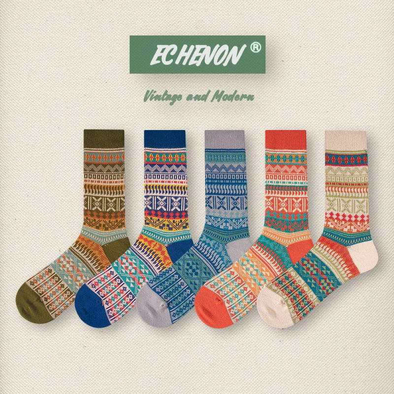 New ethnic style autumn and winter socks  fashion brand men and women socks combed cotton boneless retro trendy couple mid-calf length socks - Image 2