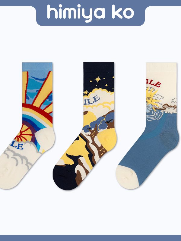 Spring and Summer 2025 New Product One Island Happy Series Socks Women's Middle Tube 3 Color ins Fashionable Socks Cotton Street Lovers Socks