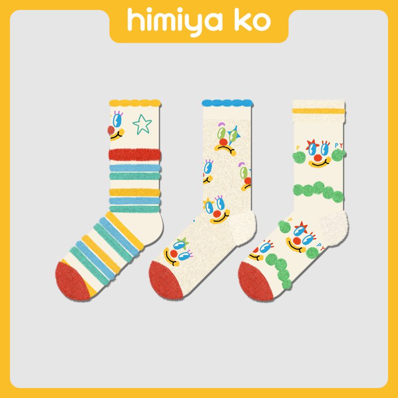 Himiya Ko New Autumn and Winter Socks Women Thickened Plush Clown Original Cute Mid-Tube Socks Personalized Trendy Stripes