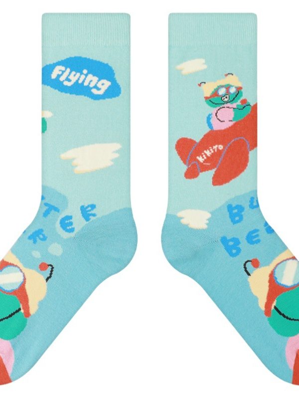 himiya ko Original Trendy Brand Socks Female Bart Flying Family Series Illustration Mid-length Socks ins Trendy Cute Cotton Socks