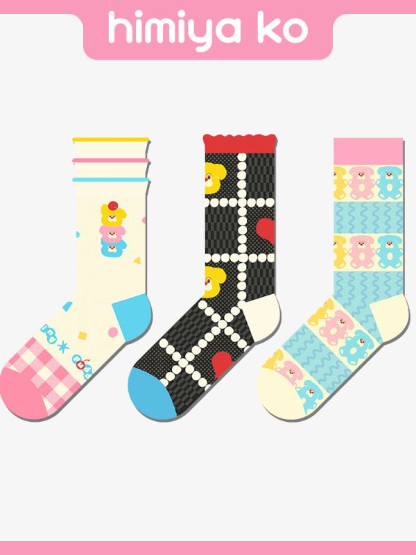 2025 summer new ultra-thin macaron color stitching cute bear socks mid-calf Women's