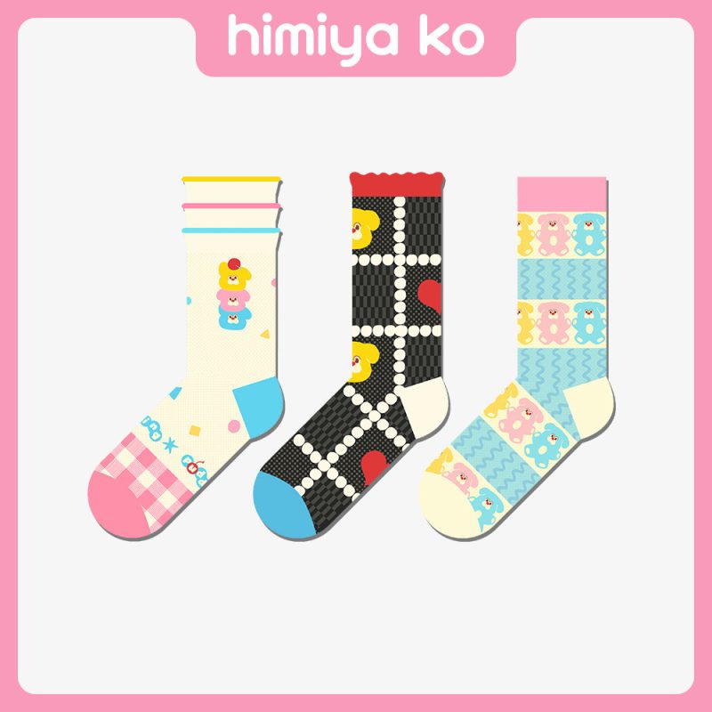 2025 summer new ultra-thin macaron color stitching cute bear socks mid-calf Women's
