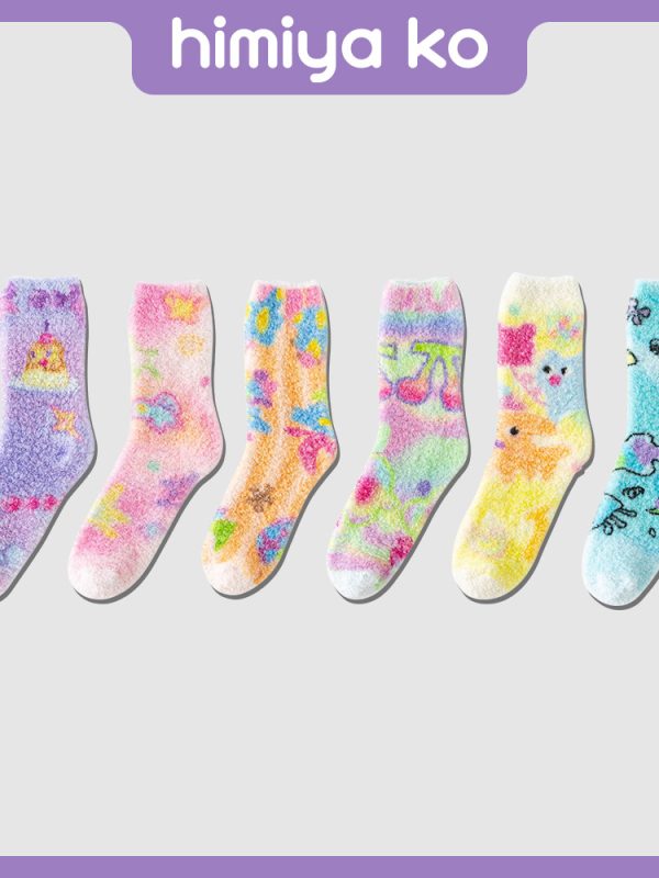 Autumn and winter new thick faint plush warm floor socks women's fashion color dopamine cartoon home tube socks