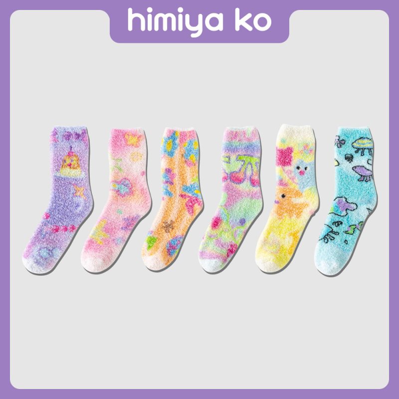 Autumn and winter new thick faint plush warm floor socks women's fashion color dopamine cartoon home tube socks