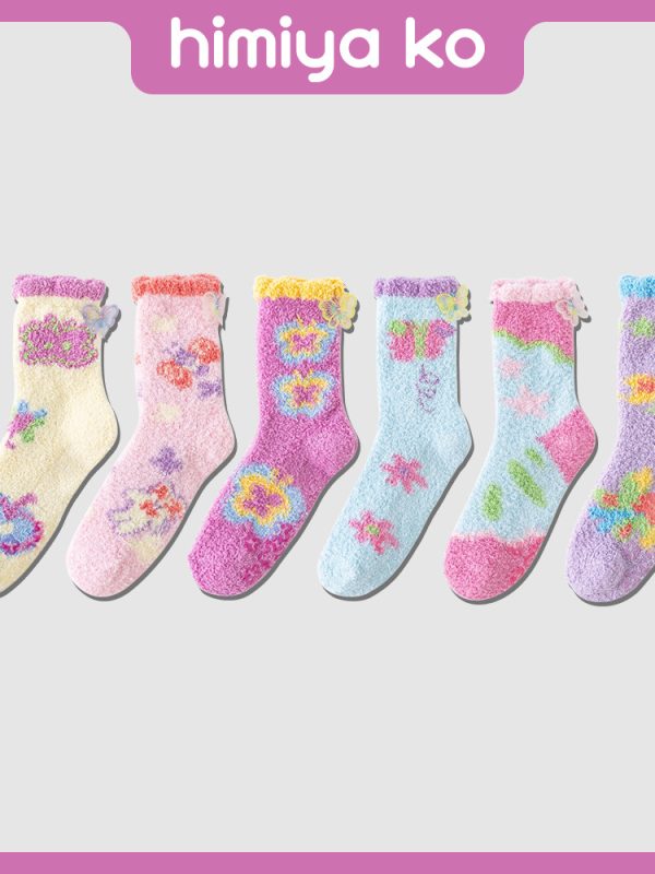 Autumn and winter warm three-dimensional butterfly plush tube socks women's silicone non-slip cute cartoon illustration home floor socks