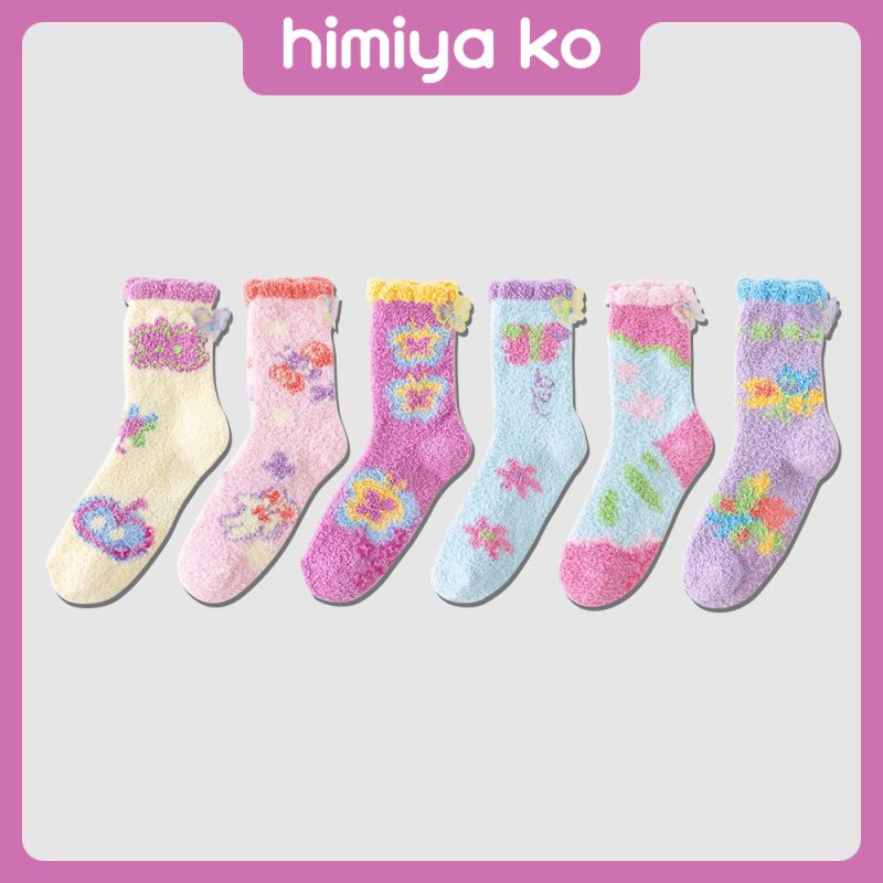 Autumn and winter warm three-dimensional butterfly plush tube socks women's silicone non-slip cute cartoon illustration home floor socks