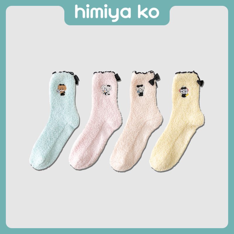 Fashion black edge plush tube socks cute cartoon illustration lace socks children autumn and winter thick warm sleep socks