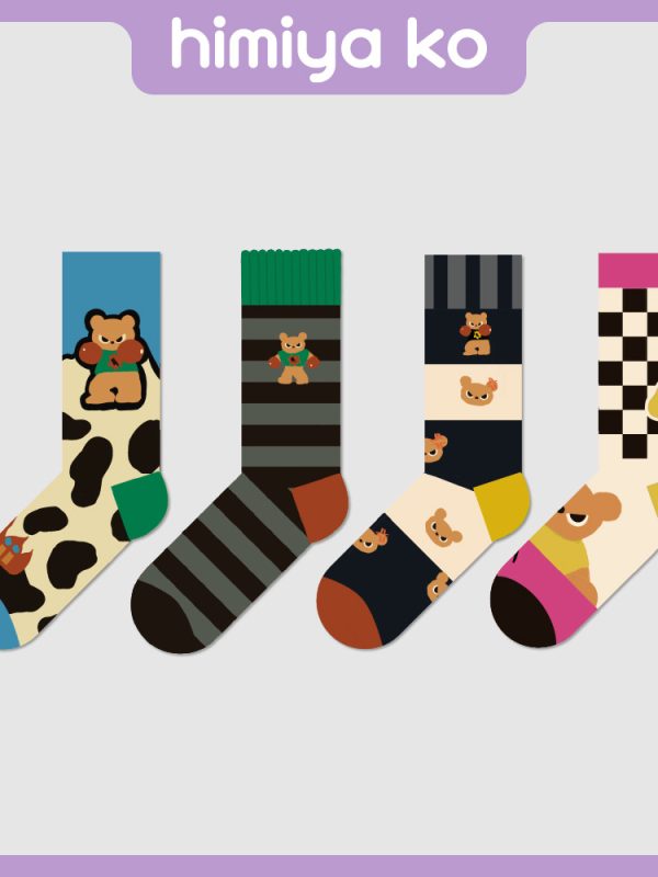 2025 Summer New Irritable Bear Carto Socks Women's Black and White Chessboard Trendy Mid-Socks Men's Sweat Absorbing Breathable