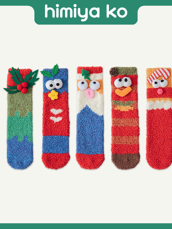 himiya ko cute autumn and winter thickened mid-calf length socks Christmas gift couple's plush eye socks for women
