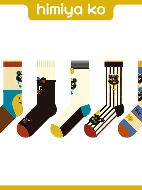 himiya ko summer new smiley bear cartoon mid-tube socks fashion vertical stripes cute illustration socks women's cotton