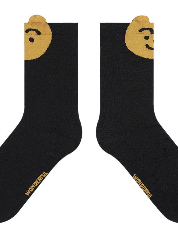 Socks women's autumn and winter thick eyebrow Bear series cartoon black and white ins small ears tube socks women's four seasons combed cotton