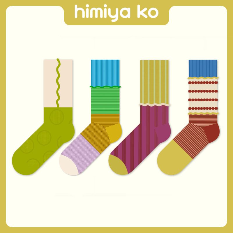 himiyako colorful striped socks for women autumn and winter new fashion trendy contrast color mid-calf length socks ins wavy edge Cotton - Image 2