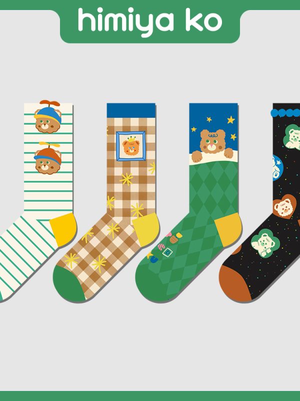 Himiya ko Original Cute Cartoon Bear Socks Women Autumn and Winter New Warm Striped Fashion Cotton Mid-tube Socks