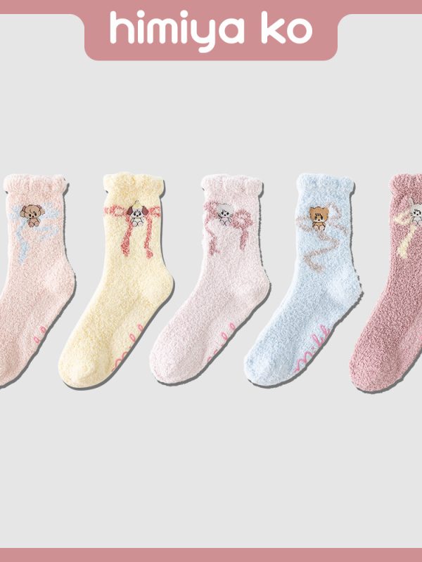 himiya ko autumn and winter embroidery plush tube socks women pink bow warm home floor socks moon socks