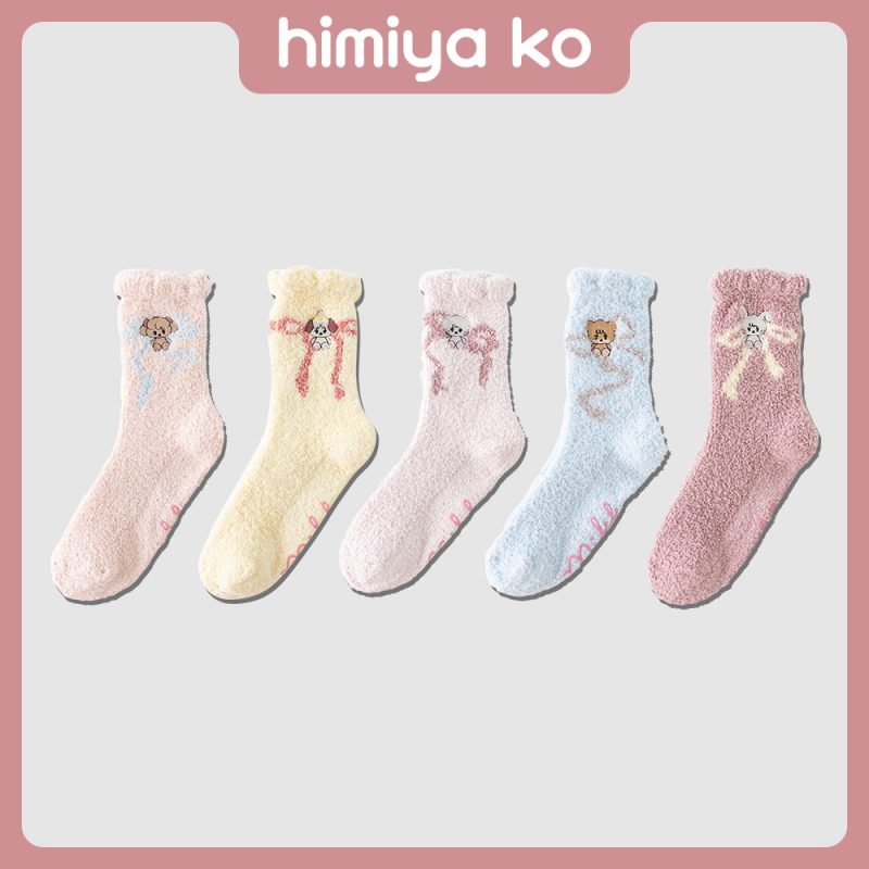 himiya ko autumn and winter embroidery plush tube socks women pink bow warm home floor socks moon socks