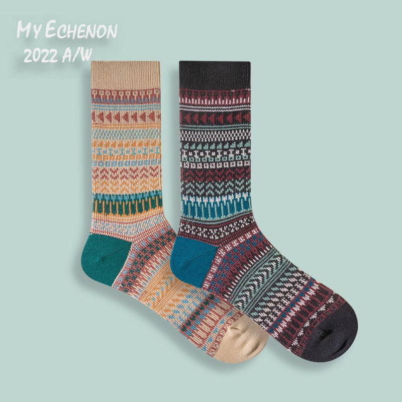ECHENON Autumn and Winter Japanese Socks Men's Combed Cotton Boneless Trendy Retro Ethnic Style Double-Way Sports Mid-Length Socks - Image 2