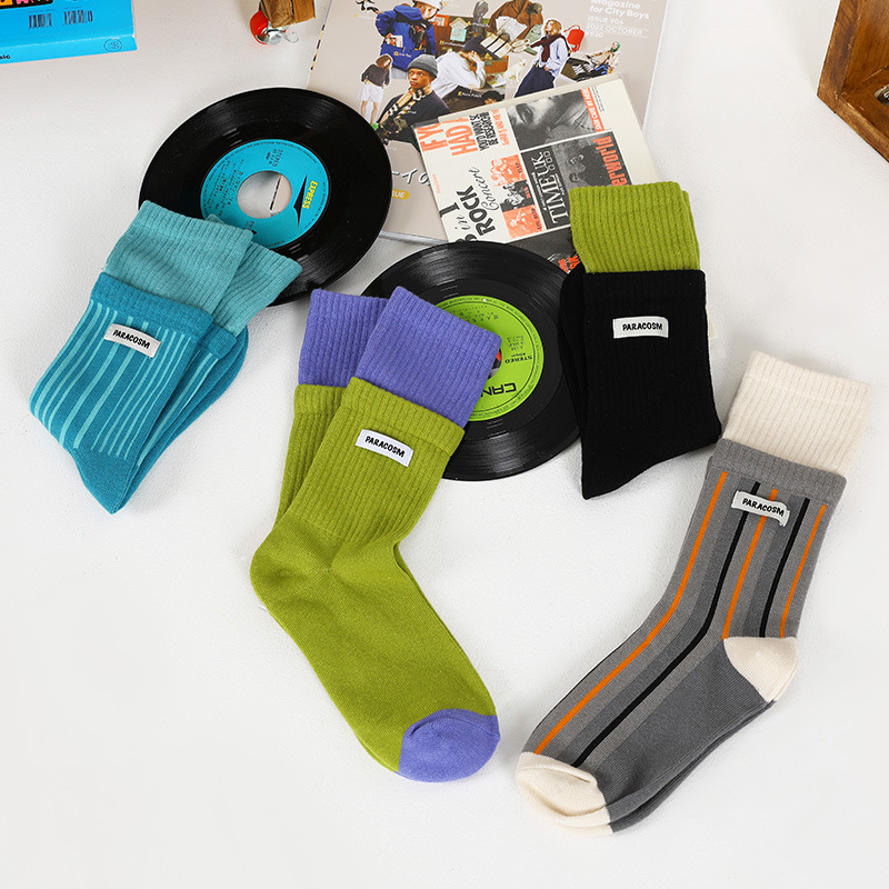 himiyako fashionable contrast color mid-calf length socks for women Autumn new double-mouth cotton socks Japanese striped socks for men - Image 3
