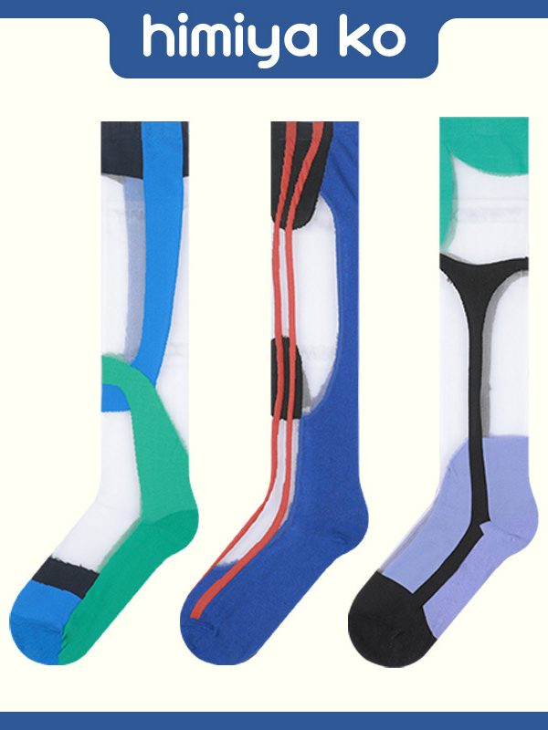 himiya ko original contrast color splicing crystal socks summer ultra-thin transparent ins trend glass silk calf socks women