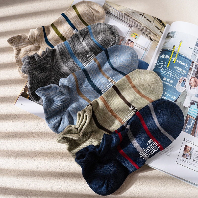 ECENON Men's Striped Ankle Socks: Japanese Style Summer Big Foot Heel - Image 2