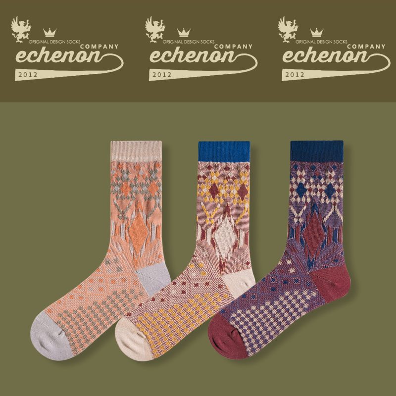 ECHENON autumn and winter New combed cotton socks men's fashionable two-way boneless rhombus retro street mid-calf length socks - Image 2