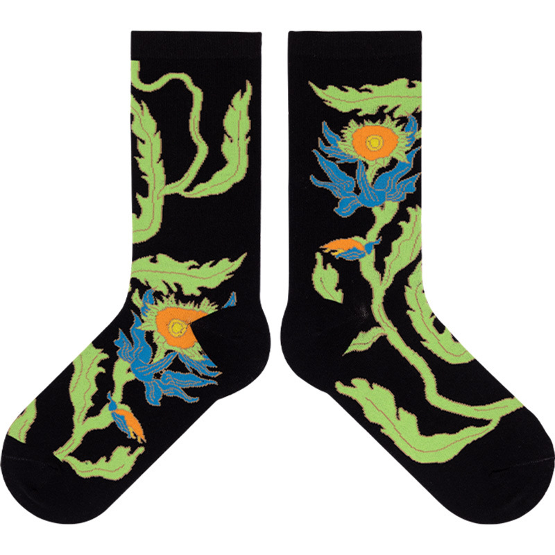 Himiya ko socks female dancing sunflower series designer ins style combed cotton mid-calf length socks thickened - Image 5