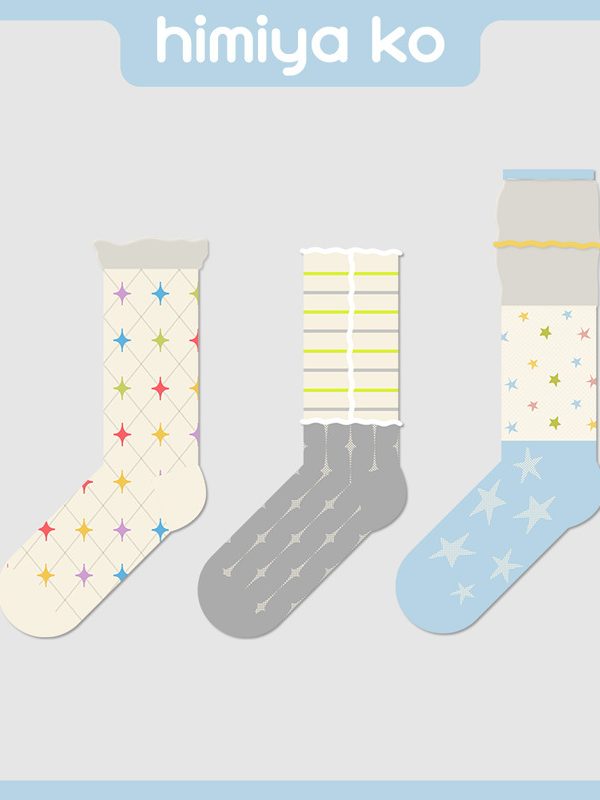 Summer new glass silk star fairy tale calf socks, thin breathable sweet girl lace striped mid-tube socks