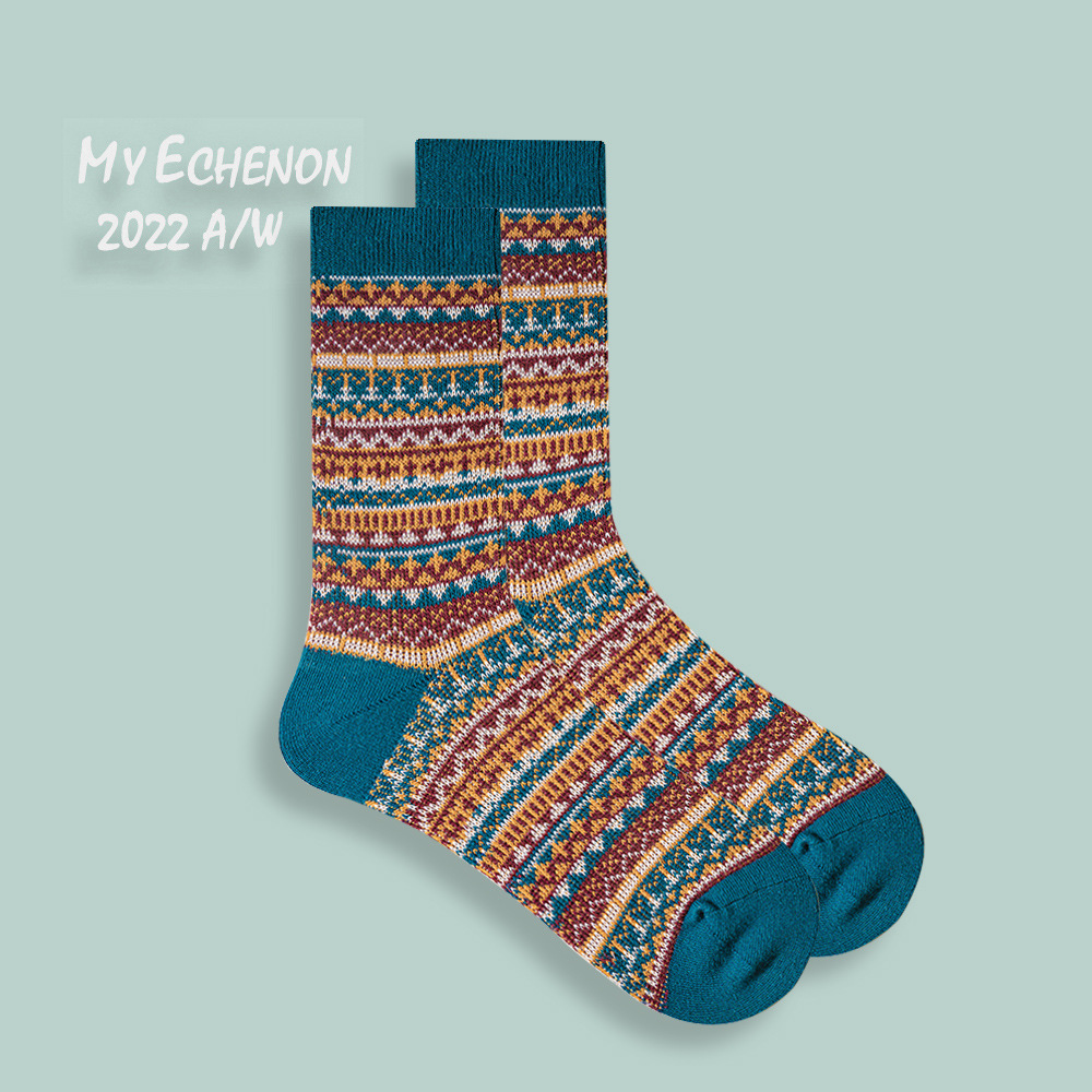 Fair Isle Socks: Vintage Ethnic Combed Cotton Mid-Calf Socks for Women & Men - Image 9