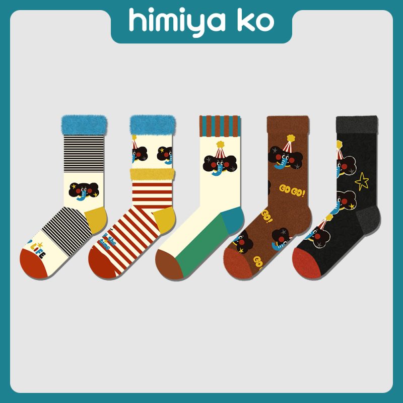 himiyako autumn and winter original velvet socks children's cute cartoon baby elephant socks color dopamine stripe tide