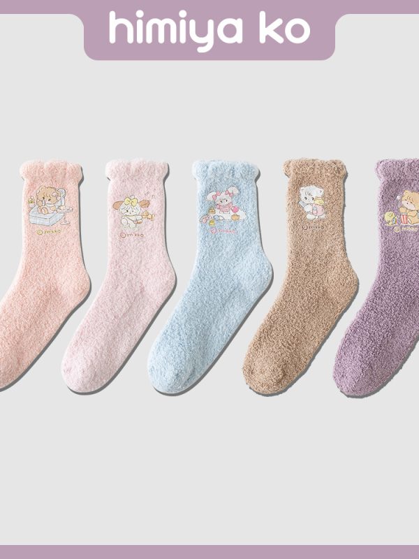 2025 Autumn and Winter Cute Cartoon Cartoon Hot Stamping Series Couple's Mid-tube Socks Women's Warm Thickened Home Floor Socks