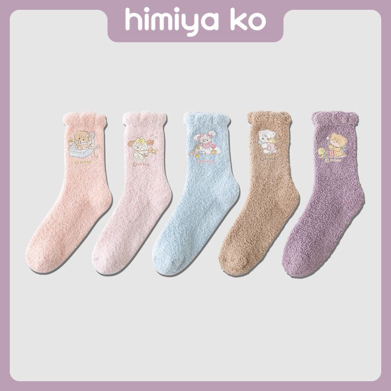 2025 Autumn and Winter Cute Cartoon Cartoon Hot Stamping Series Couple's Mid-tube Socks Women's Warm Thickened Home Floor Socks