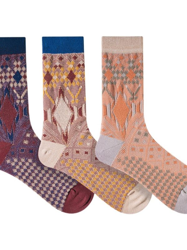 ECHENON autumn and winter New combed cotton socks men's fashionable two-way boneless rhombus retro street mid-calf length socks