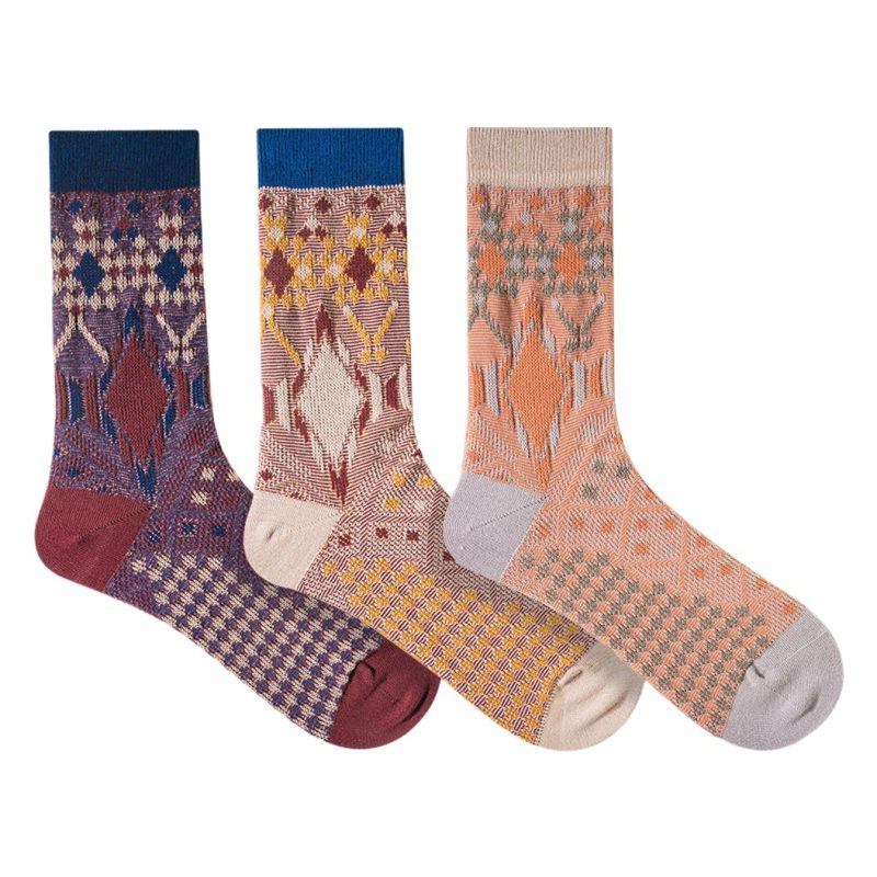 ECHENON autumn and winter New combed cotton socks men's fashionable two-way boneless rhombus retro street mid-calf length socks