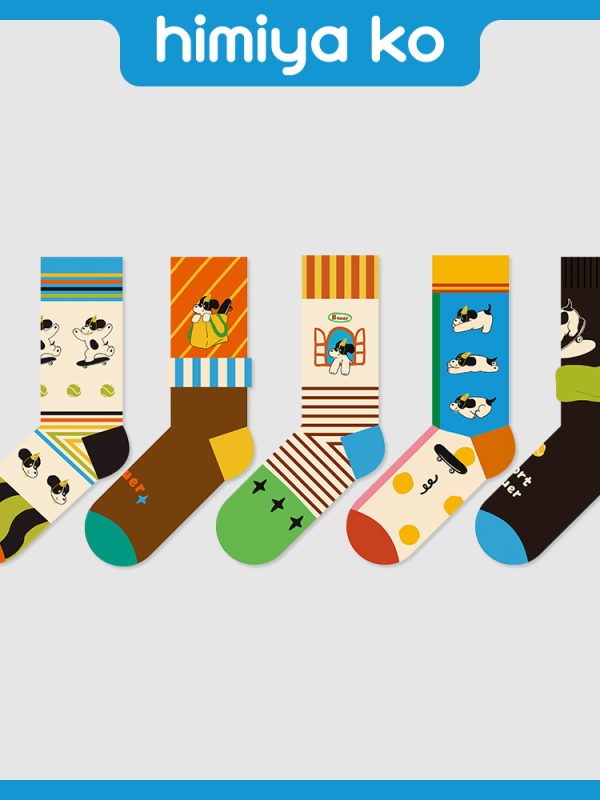 Summer New Cartoon Cute Striped Bauer Puppy Mid-tube Socks Women's Fashion Fashion Illustration Cotton Socks Men's Sweat-absorbent