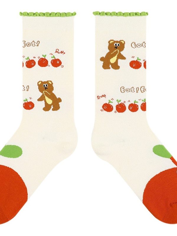 himiya ko Apple Bear Socks Women's Summer New Japanese Style Cute Cartoon Mid-Length Socks ins All-Match Fashionable Socks