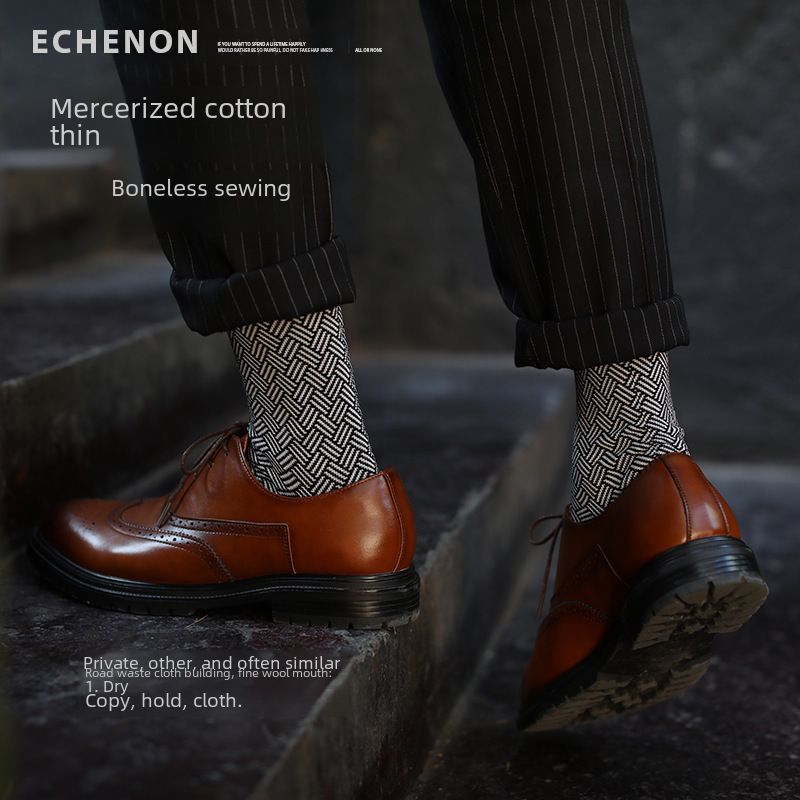 Men's Mercerized Cotton Socks: Thin, Mid-Calf, Double Needle, Gentleman Style